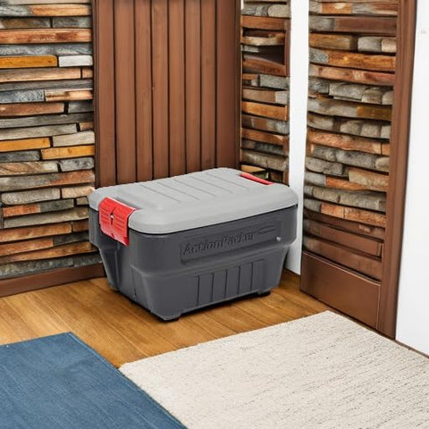 Rubbermaid ActionPacker 8 gal storage with bungee holes for extra security.