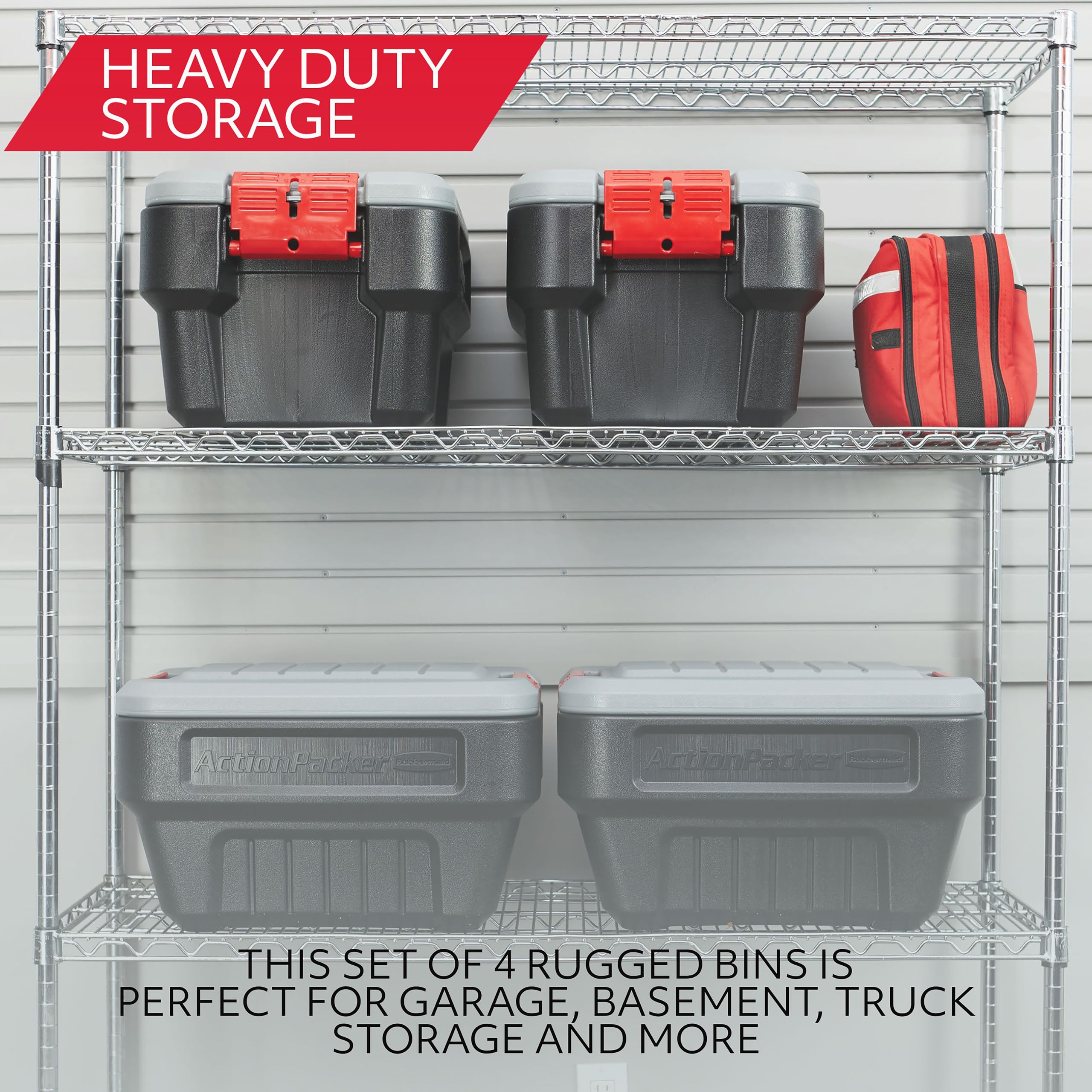 Rubbermaid ActionPacker double-walled lid prevents water pooling on top.