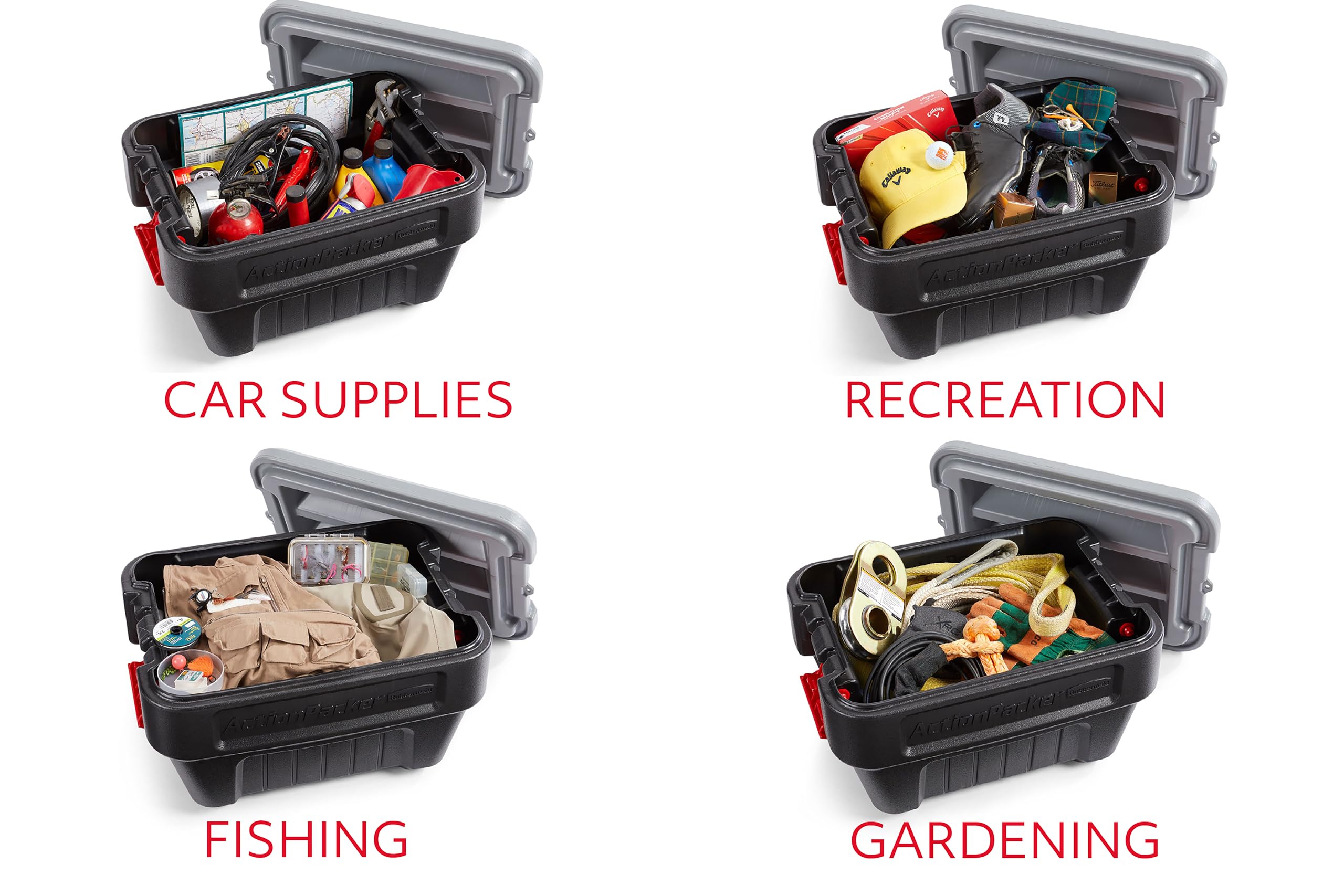 Rubbermaid ActionPacker exterior dimensions help plan storage space.