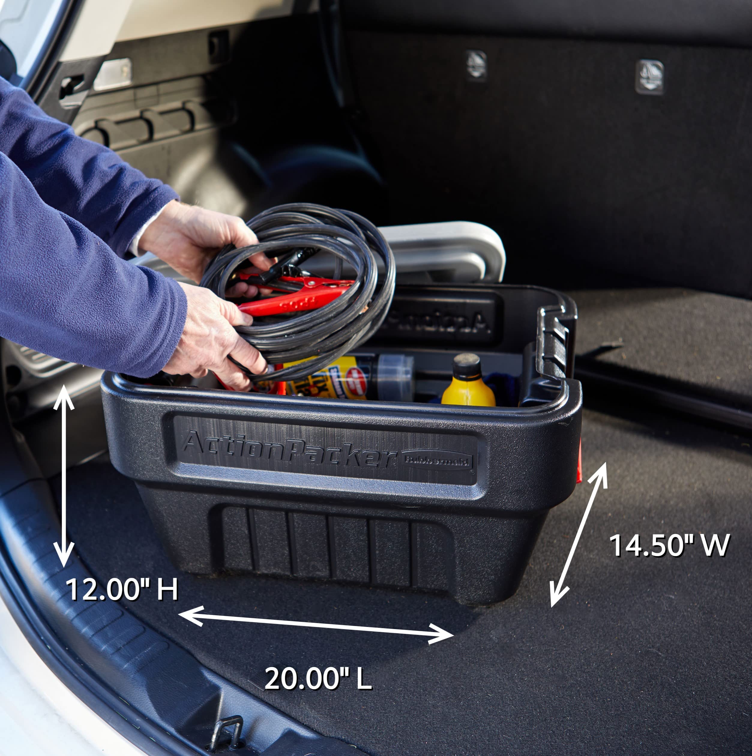 Rubbermaid ActionPacker lockable latches provide tamper-resistant outdoor storage.