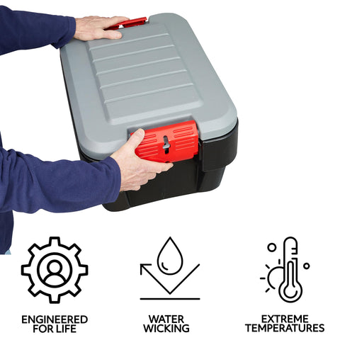 Rubbermaid ActionPacker made in USA label on a durable tote.