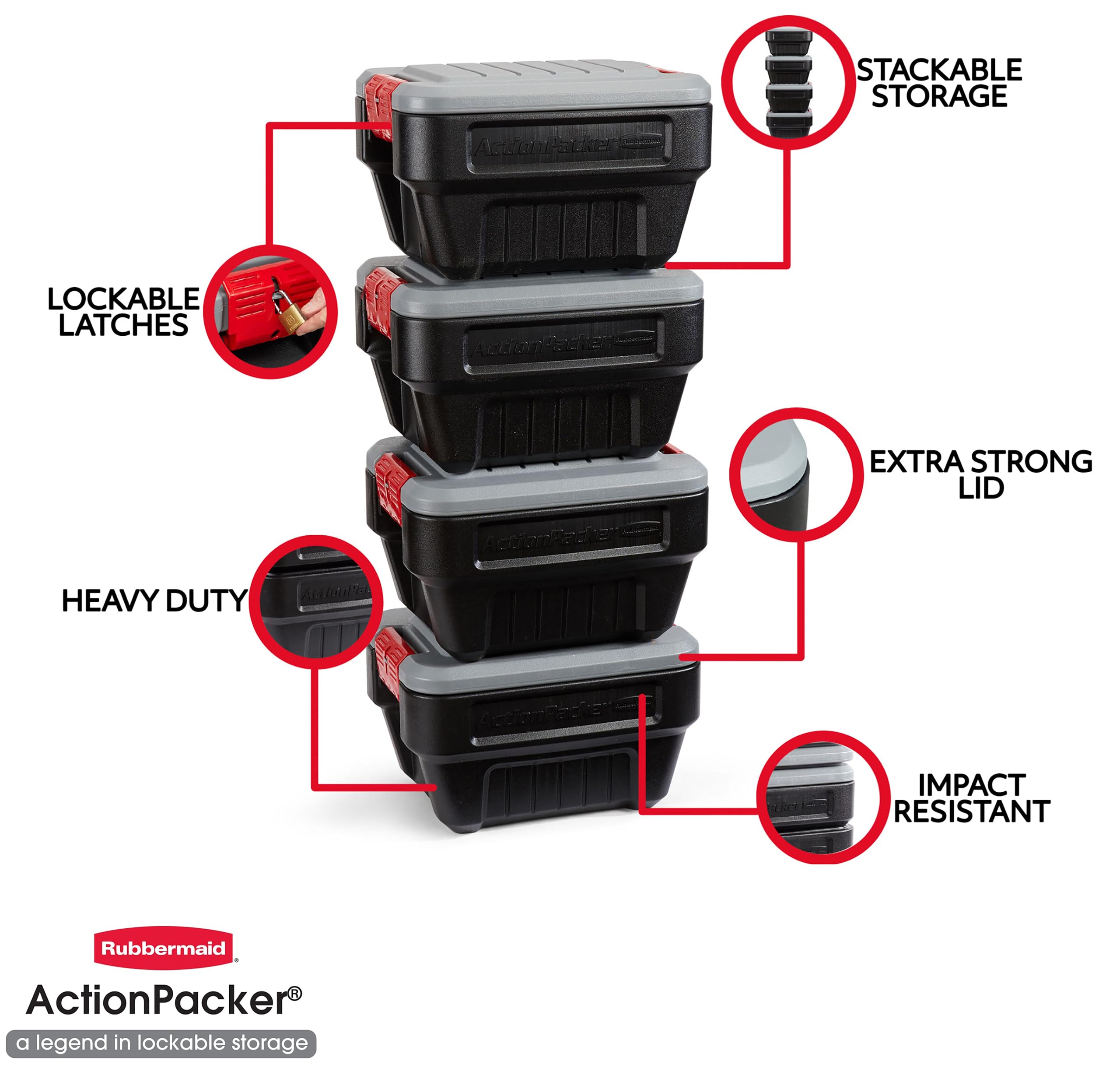 Rubbermaid ActionPacker exterior use shows rugged outdoor storage in action.