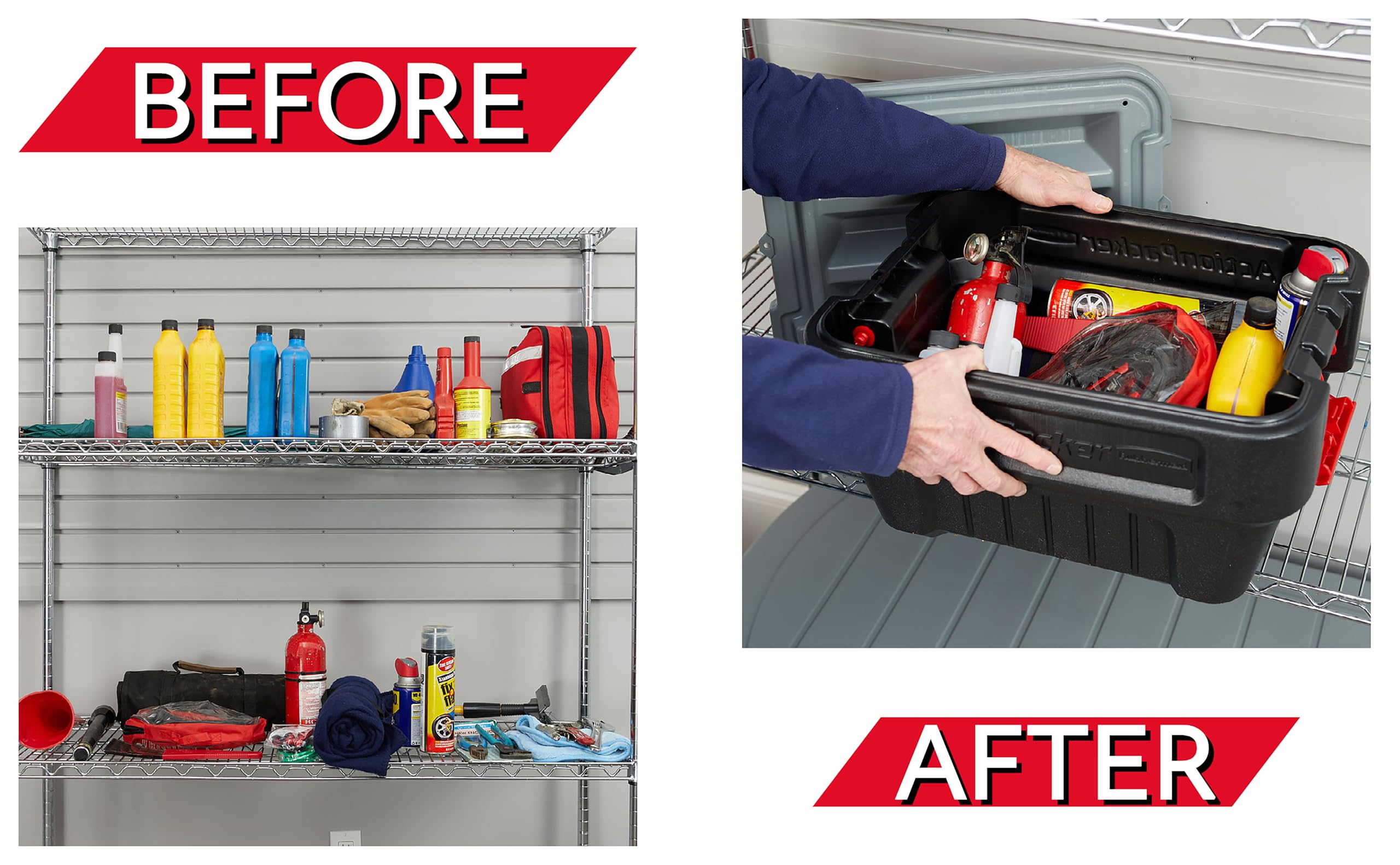 Rubbermaid ActionPacker stacked durability demonstrates secure multi-container transport.