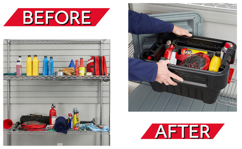 Rubbermaid ActionPacker stacked durability demonstrates secure multi-container transport.