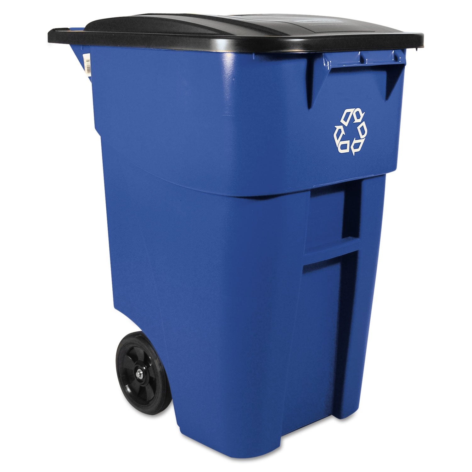 Rubbermaid Brute rollout trash can with blue finish and wheels for easy maneuvering in busy facilities