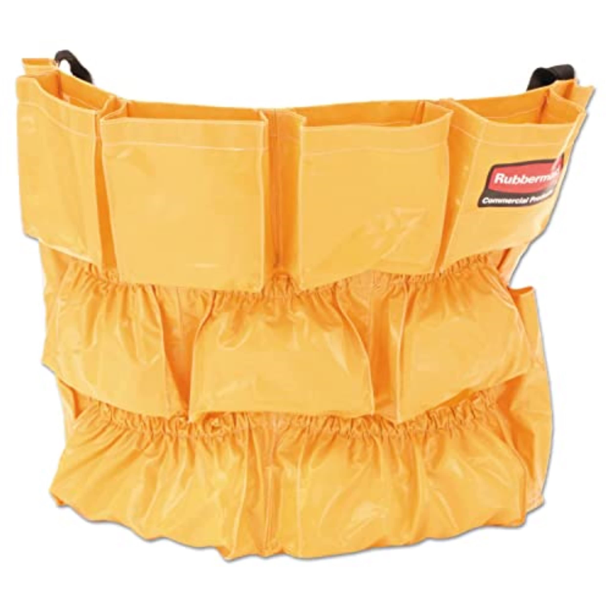 Rubbermaid Brute supply caddy attached to a 32-44 gallon BRUTE can for easy access to cleaning supplies.