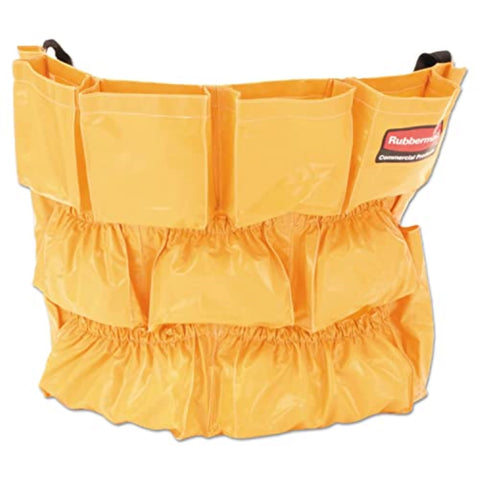Rubbermaid Brute supply caddy attached to a 32-44 gallon BRUTE can for easy access to cleaning supplies.