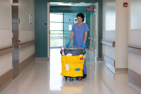 Rubbermaid Brute supply caddy durable vinyl is easy to wipe clean.