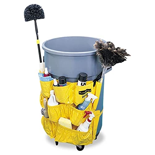 Rubbermaid Brute supply caddy expandable pockets store bottles and brushes neatly.