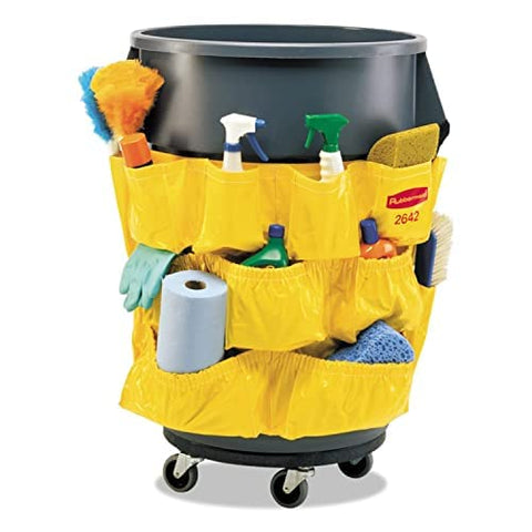 Rubbermaid Brute supply caddy nine pockets keep bottles and tools organized within reach.