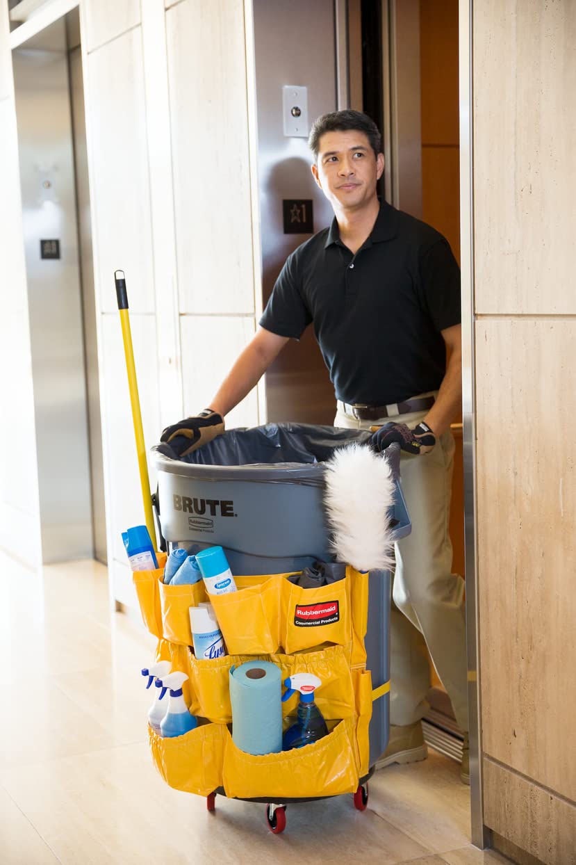 Rubbermaid Brute supply caddy in action streamlines janitorial tasks.