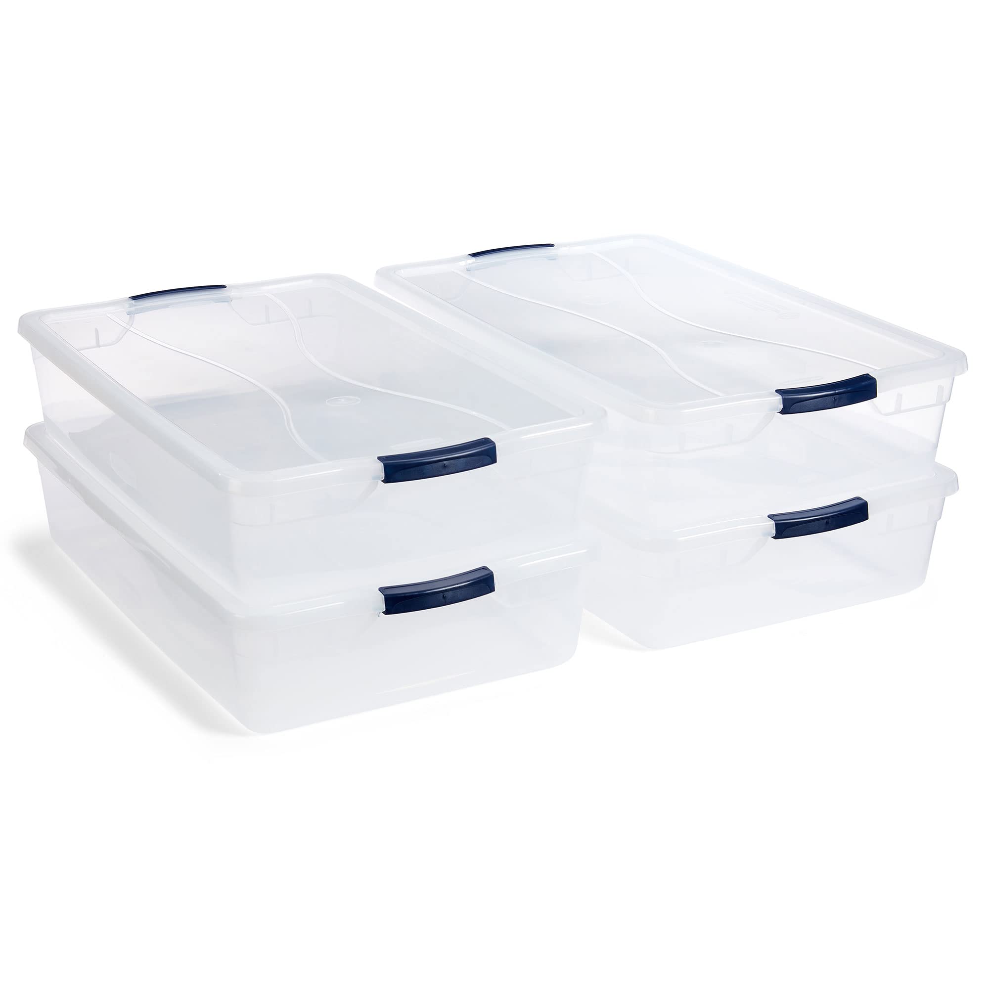 Rubbermaid Cleverstore 42-qt bin with outer dimensions shown for garage storage