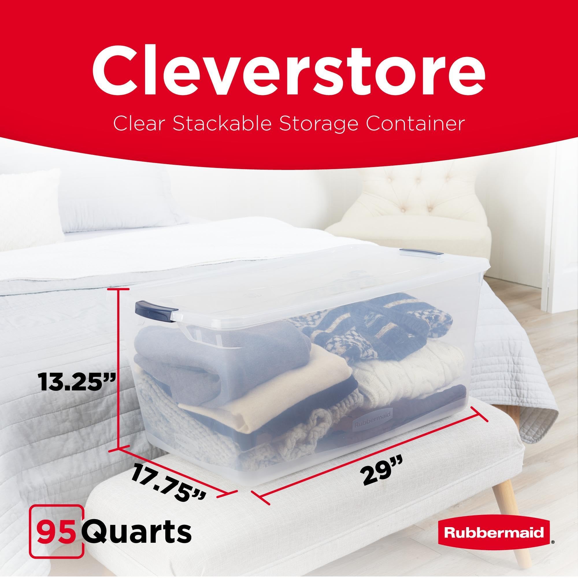 Rubbermaid Cleverstore 95 Qt bin with handles highlights stackable and space saving design.
