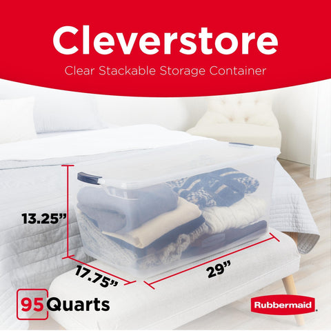 Rubbermaid Cleverstore 95 Qt bin with handles highlights stackable and space saving design.