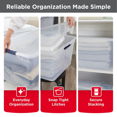 Rubbermaid Cleverstore 95 Qt lid closeup shows secure latch for dust free storage.