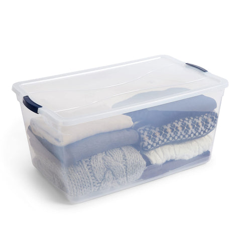 Rubbermaid Cleverstore 95 Qt stackable setup demonstrates stable, space efficient shelving.