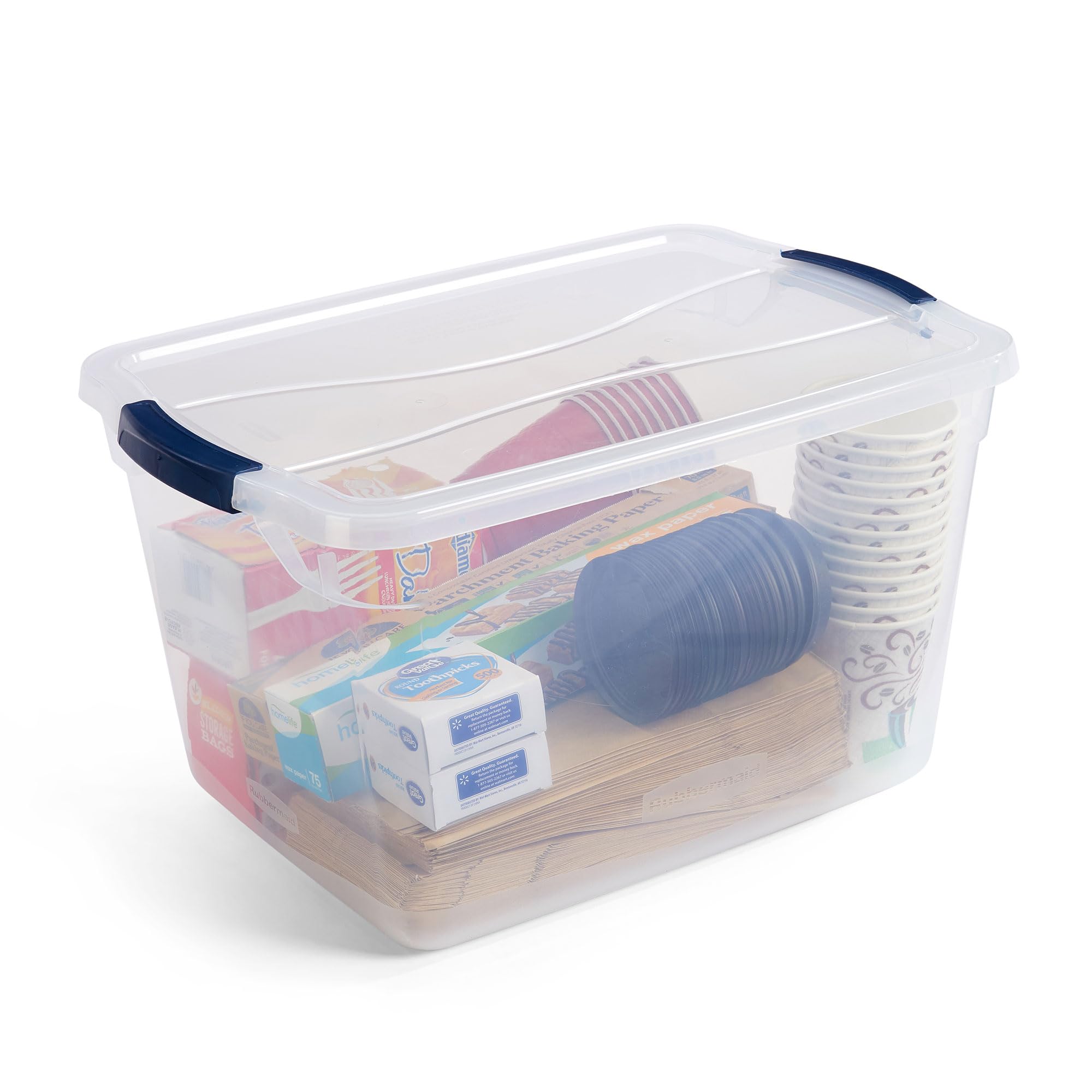 Rubbermaid Cleverstore Clear 32 Qt bin with translucent material for quick visibility.