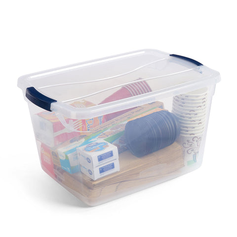 Rubbermaid Cleverstore Clear 32 Qt bin with translucent material for quick visibility.