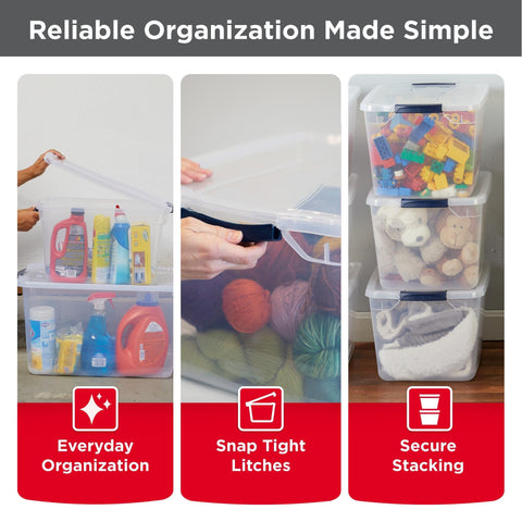 Rubbermaid Cleverstore Clear 32 Qt bin with lay-flat latches for stable stacking.