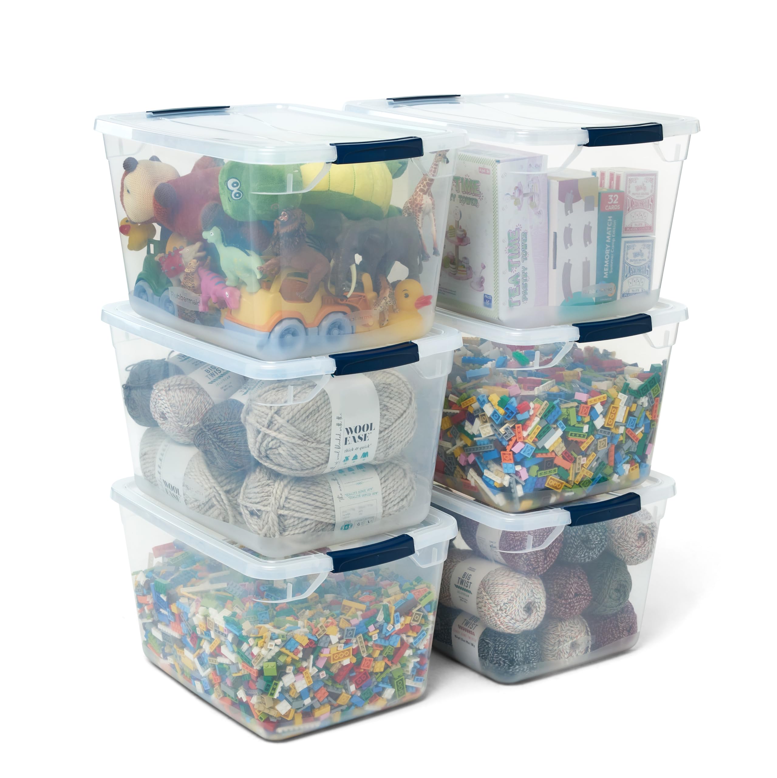 Rubbermaid Cleverstore Clear 32 Qt bin with lid for easy closet organization.