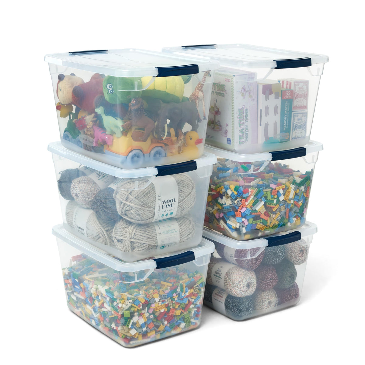 Rubbermaid Cleverstore Clear 32 Qt bin with lid for easy closet organization.
