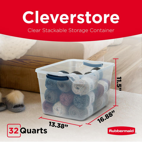 Rubbermaid Cleverstore Clear 32 Qt bin with recessed handles for simple transport.