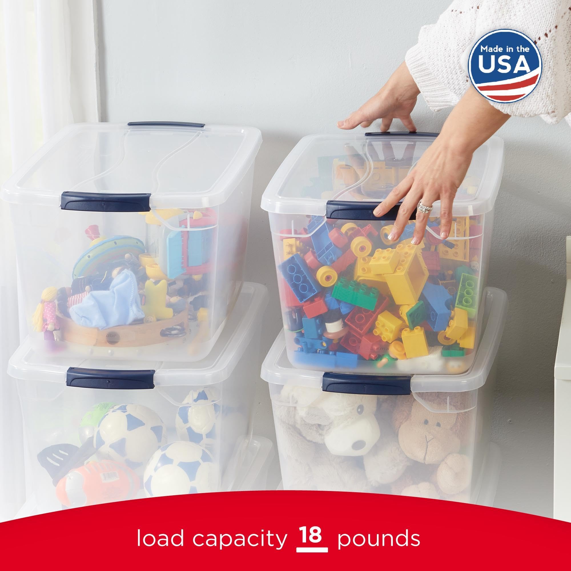 Rubbermaid Cleverstore Clear 32 Qt bin ideal for closet organization.