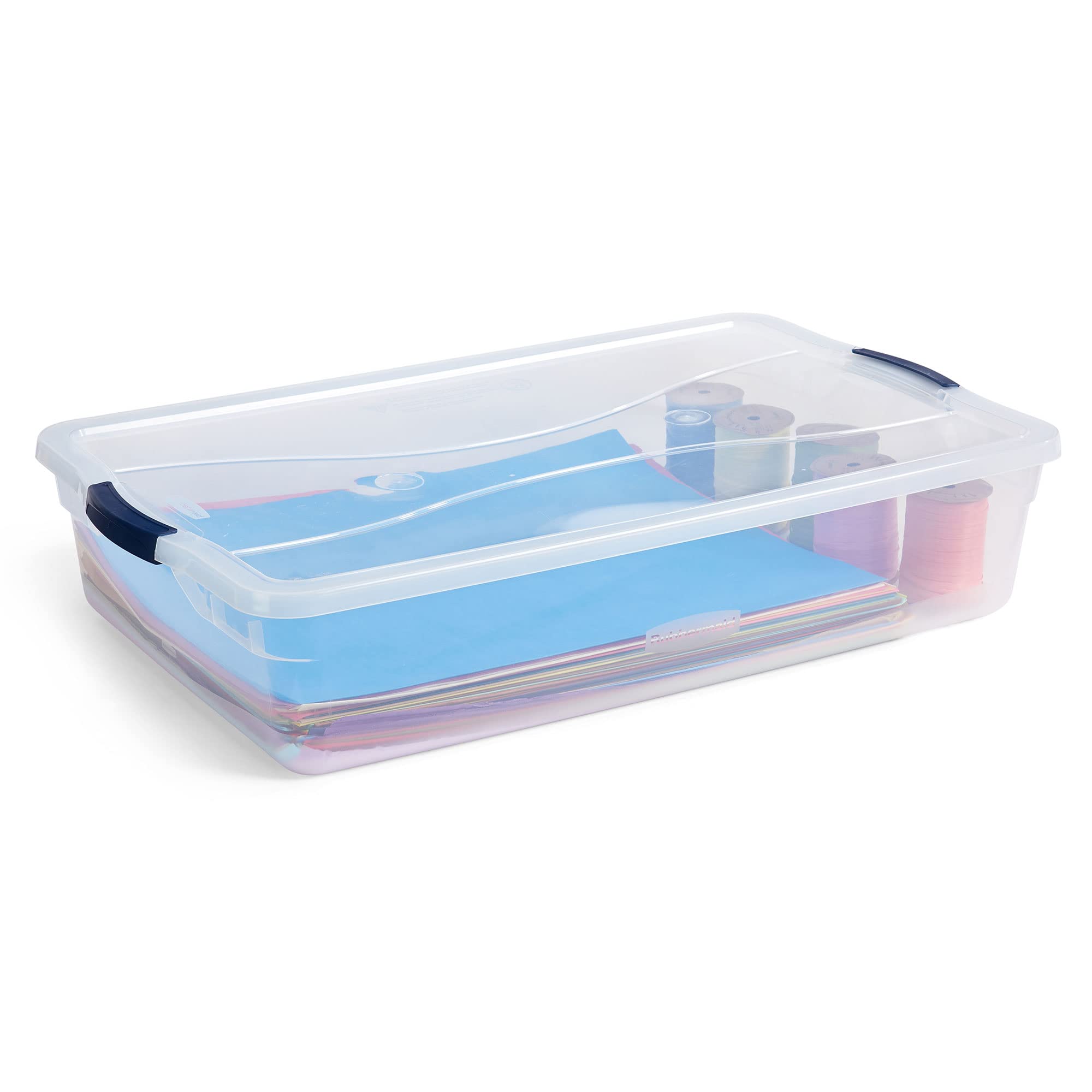 Latch-secure lid on Rubbermaid Cleverstore bin protects contents from dust