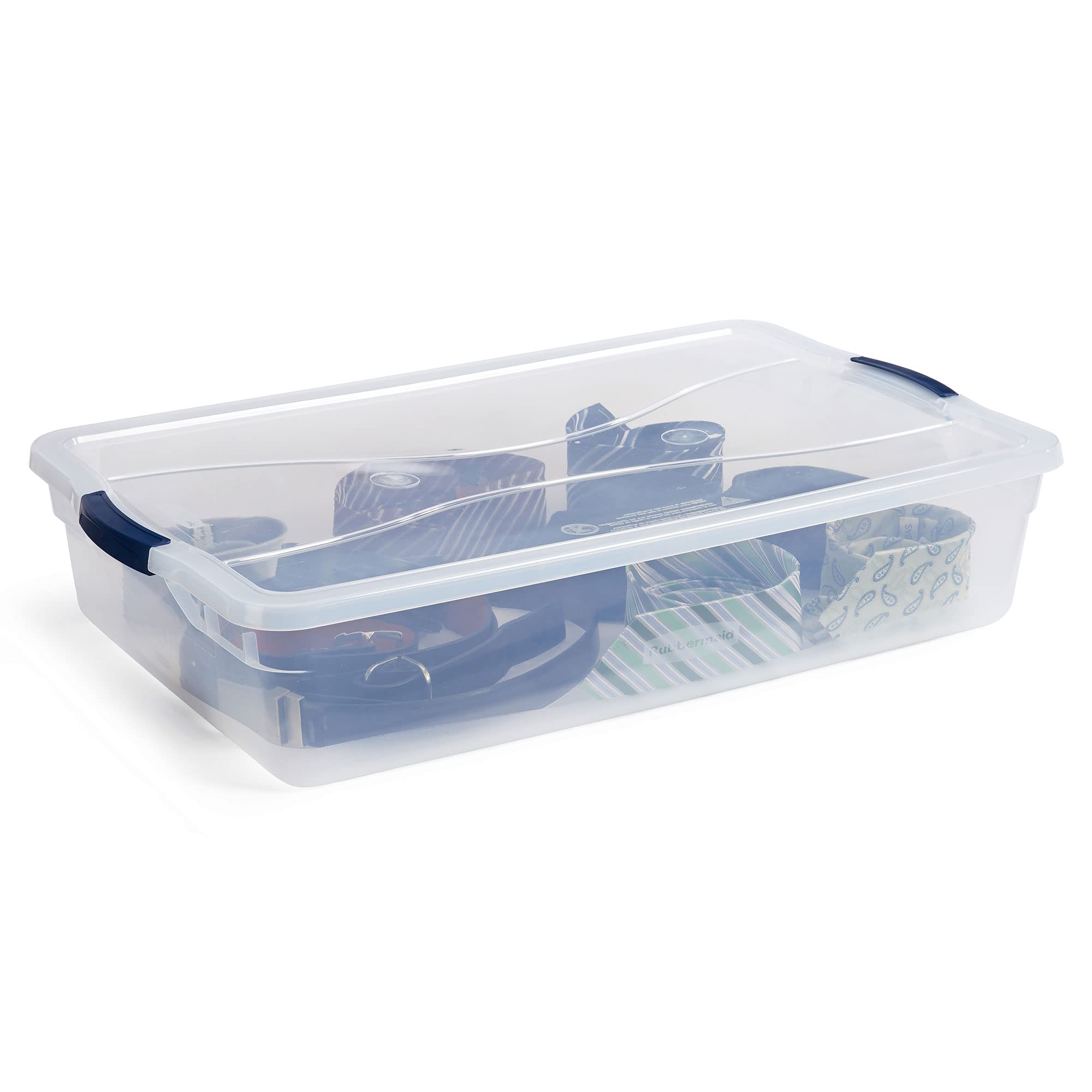 Recessed lid enables stable stacking in Rubbermaid Cleverstore bins