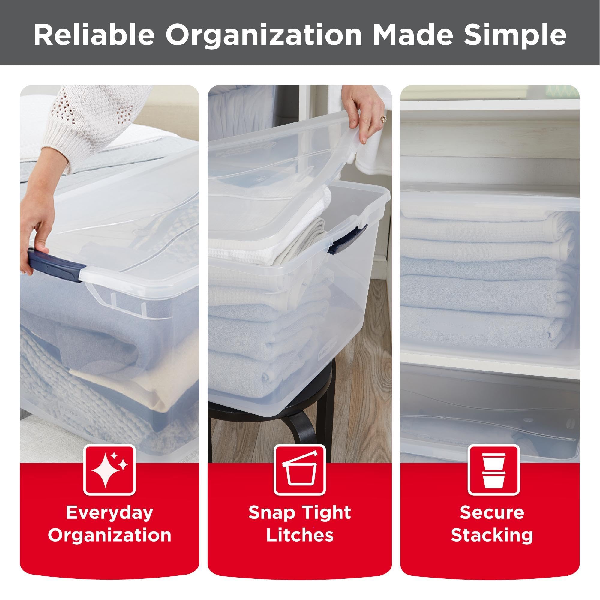 Rubbermaid Cleverstore with secure latching lids protects contents from dust and moisture