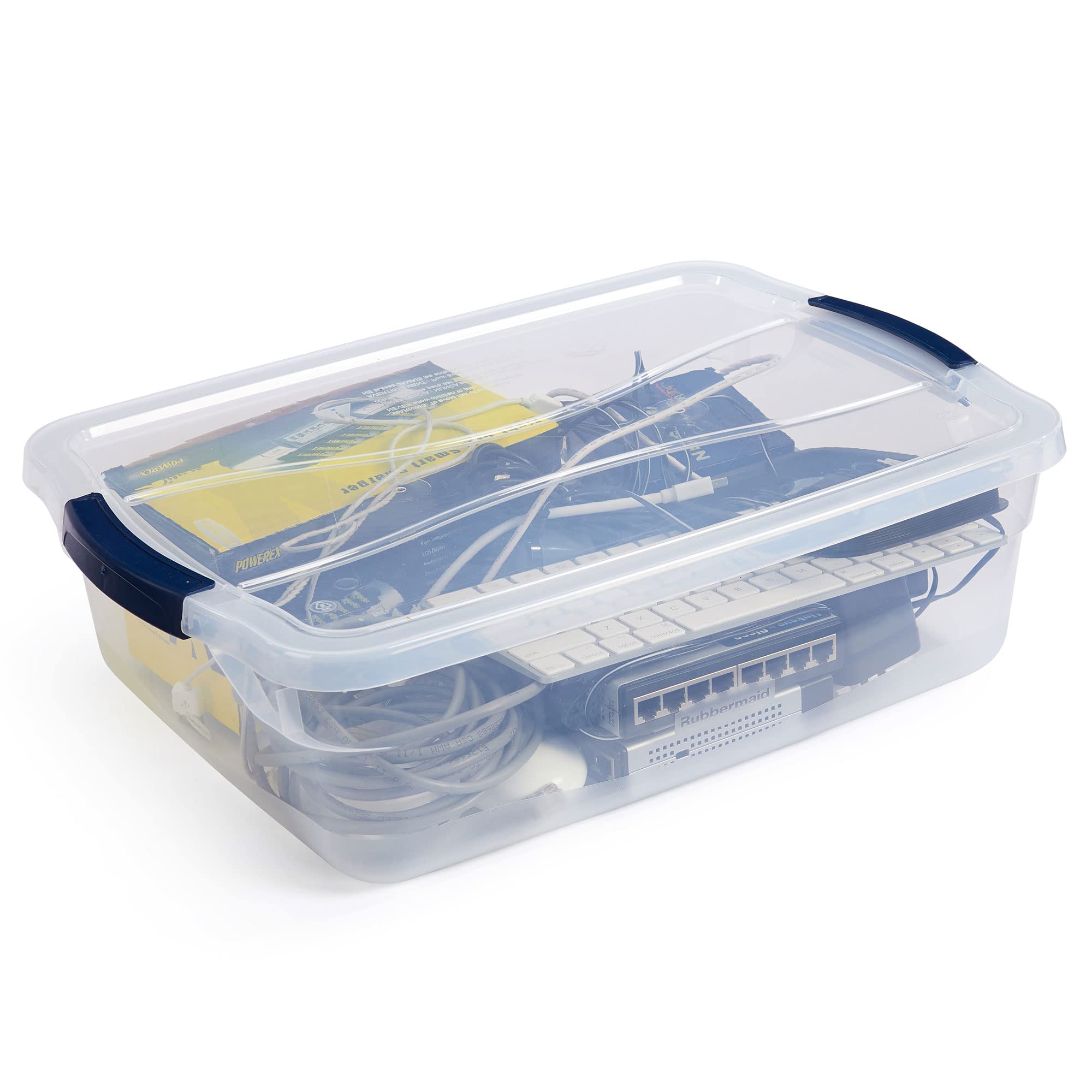Rubbermaid Cleverstore stackable bin design saves space on shelves.