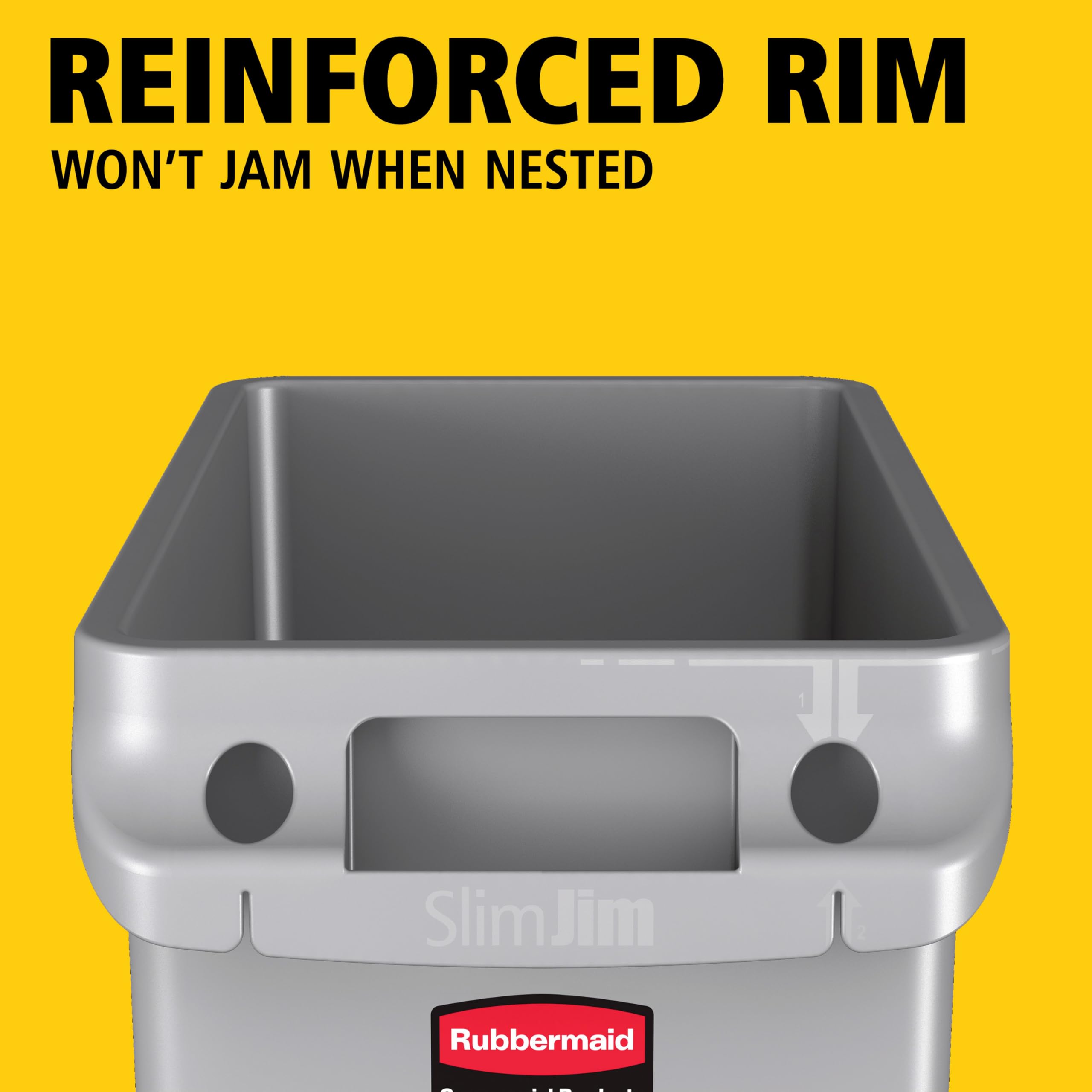 Rubbermaid Slim Jim trash can with liner cinches for quick changes.