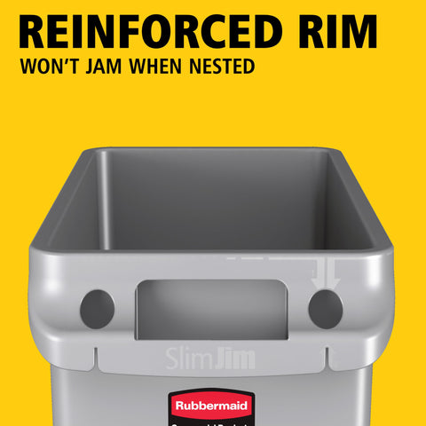Rubbermaid Slim Jim trash can with liner cinches for quick changes.