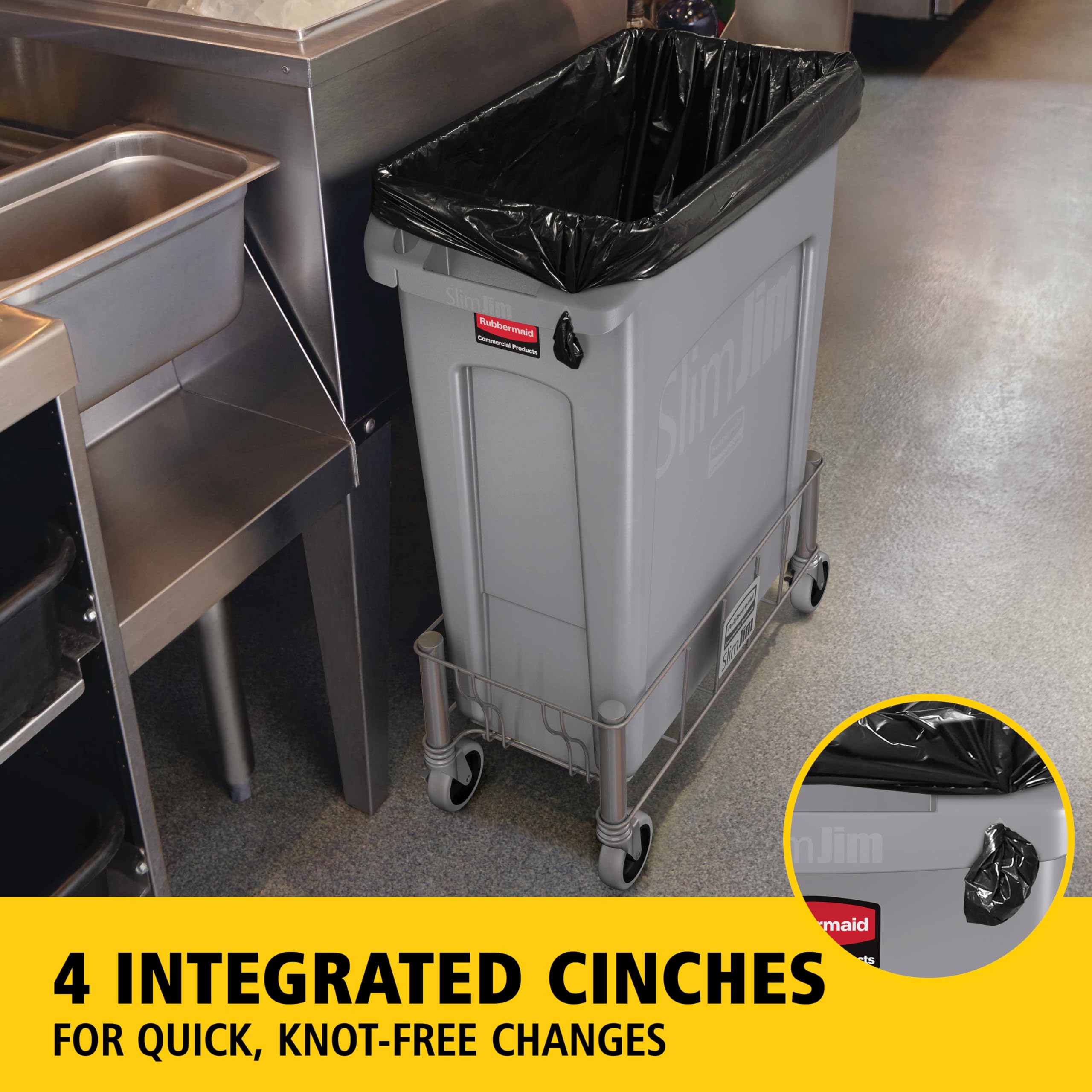 Rubbermaid Slim Jim trash can with rib-strengthened rim resisting crushing.