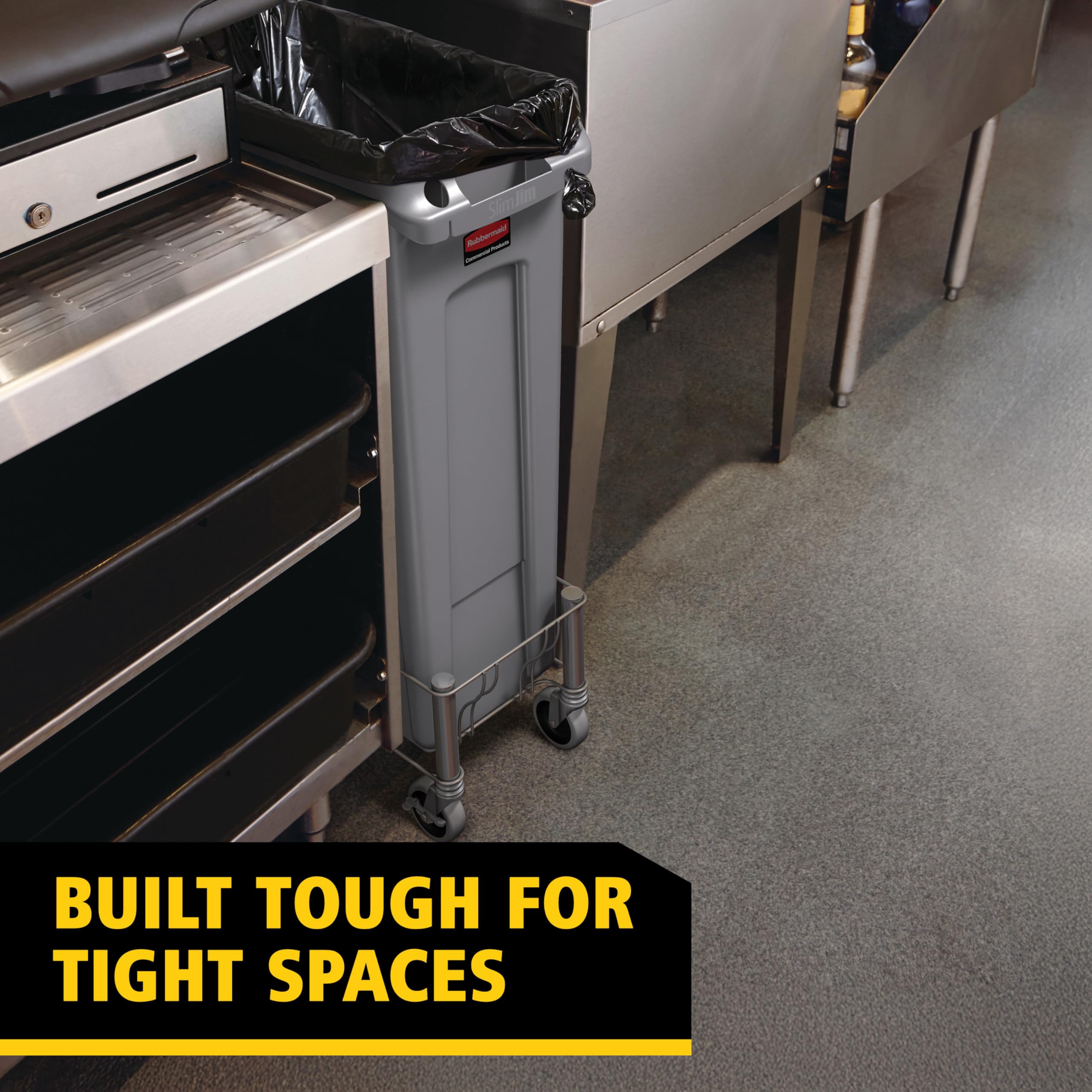 Rubbermaid Slim Jim trash can displaying its space-saving tall design.