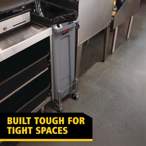 Rubbermaid Slim Jim trash can displaying its space-saving tall design.