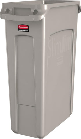 Rubbermaid Slim Jim vented trash can 23 gal beige, enables easier bag removal in busy kitchens