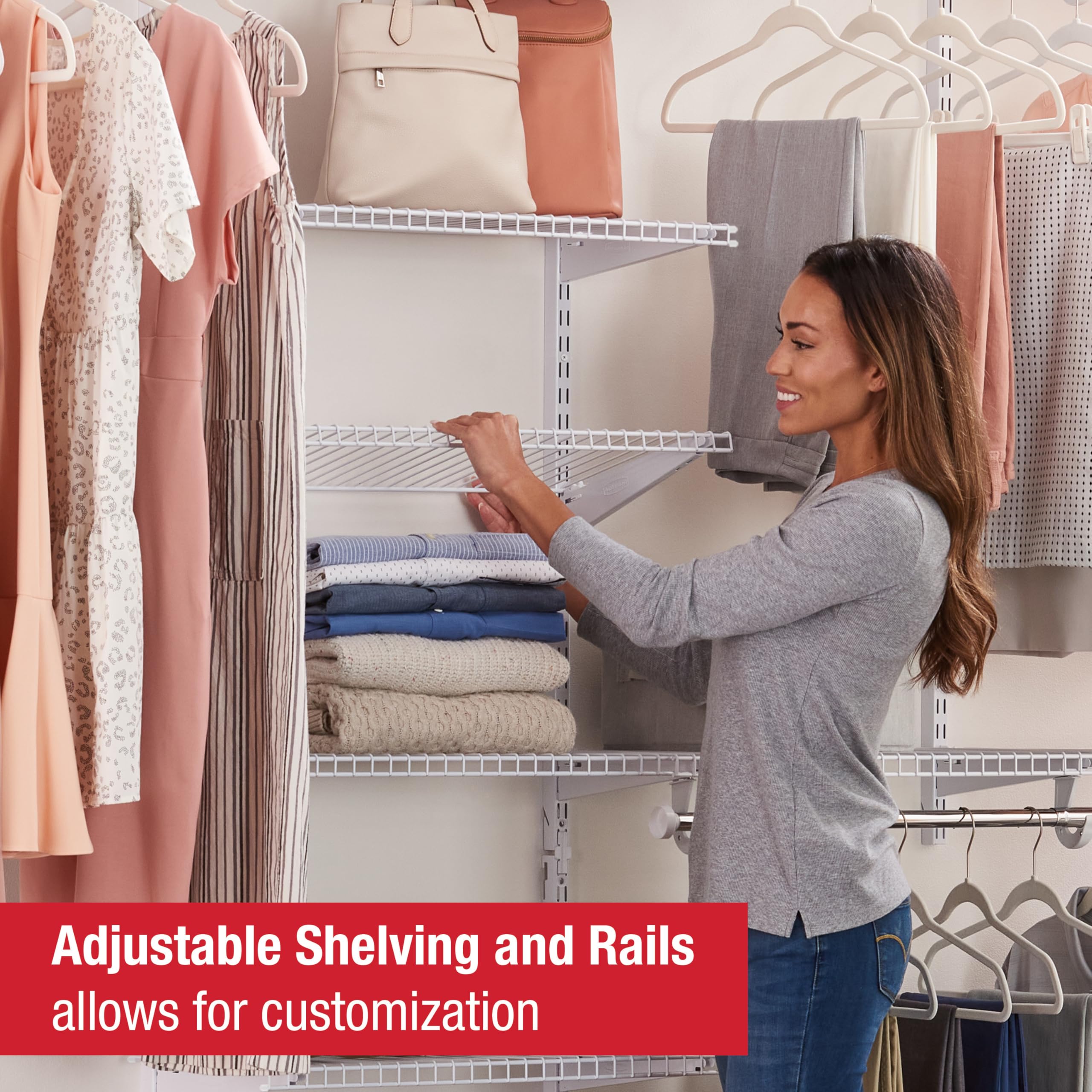 Rubbermaid Configurations hang rail showcases seamless hanging space for outfits.