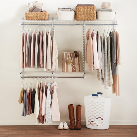 Rubbermaid Configurations shelves neatly organize clothes and shoes with adjustable spacing.