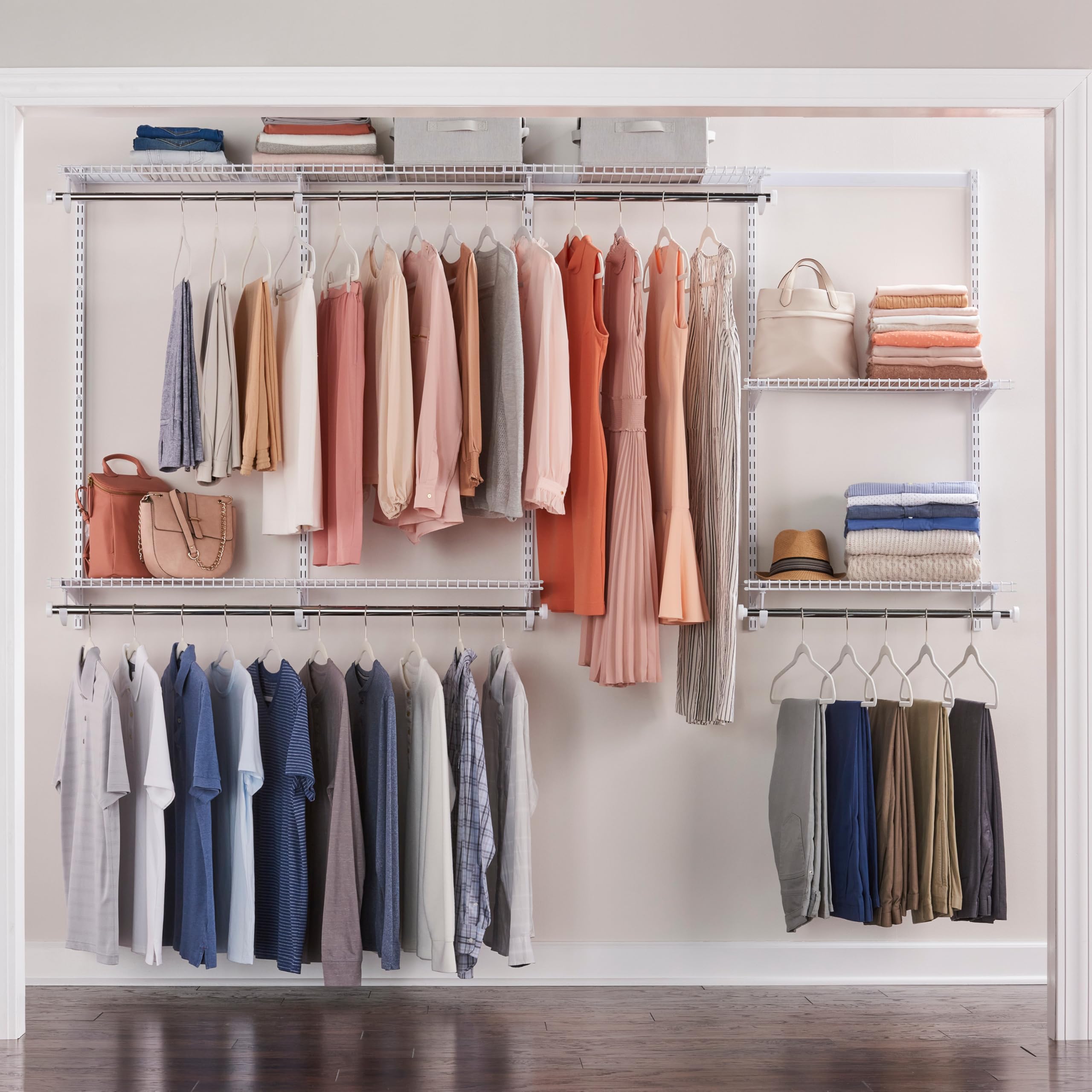 Rubbermaid Configurations shelves (26-inch) enable flexible, adjustable closet storage.