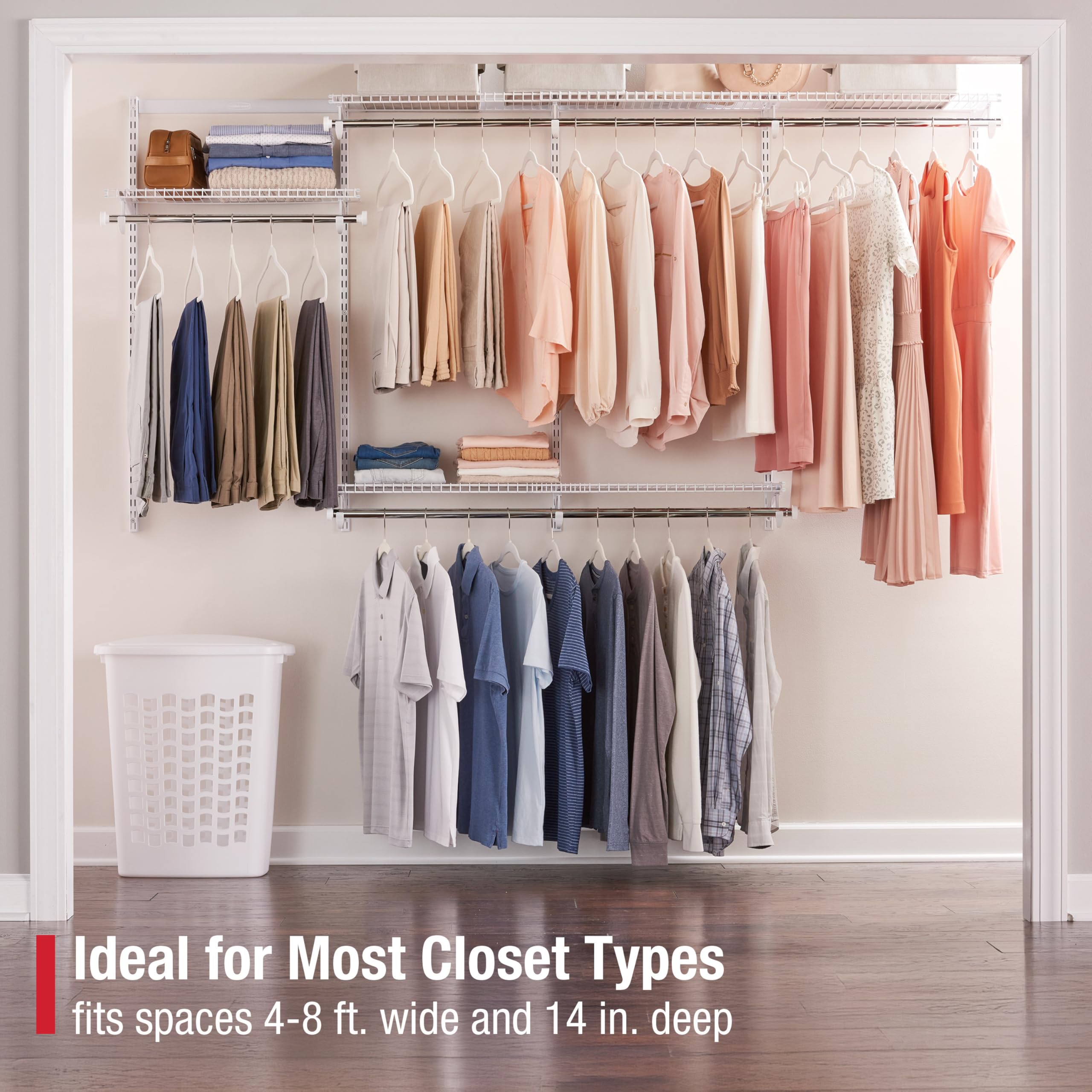 Rubbermaid Configurations 48-inch shelves expand stacking space for garments and boxes.