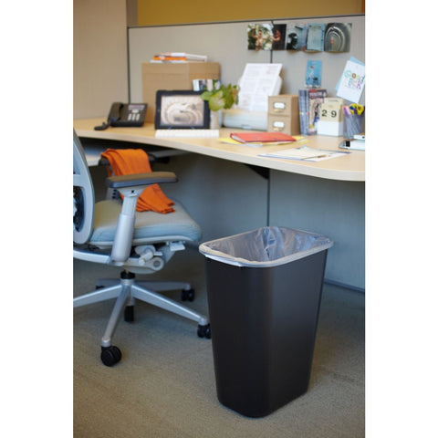 Rubbermaid Deskside wastebasket highlighting 41-quart capacity for offices