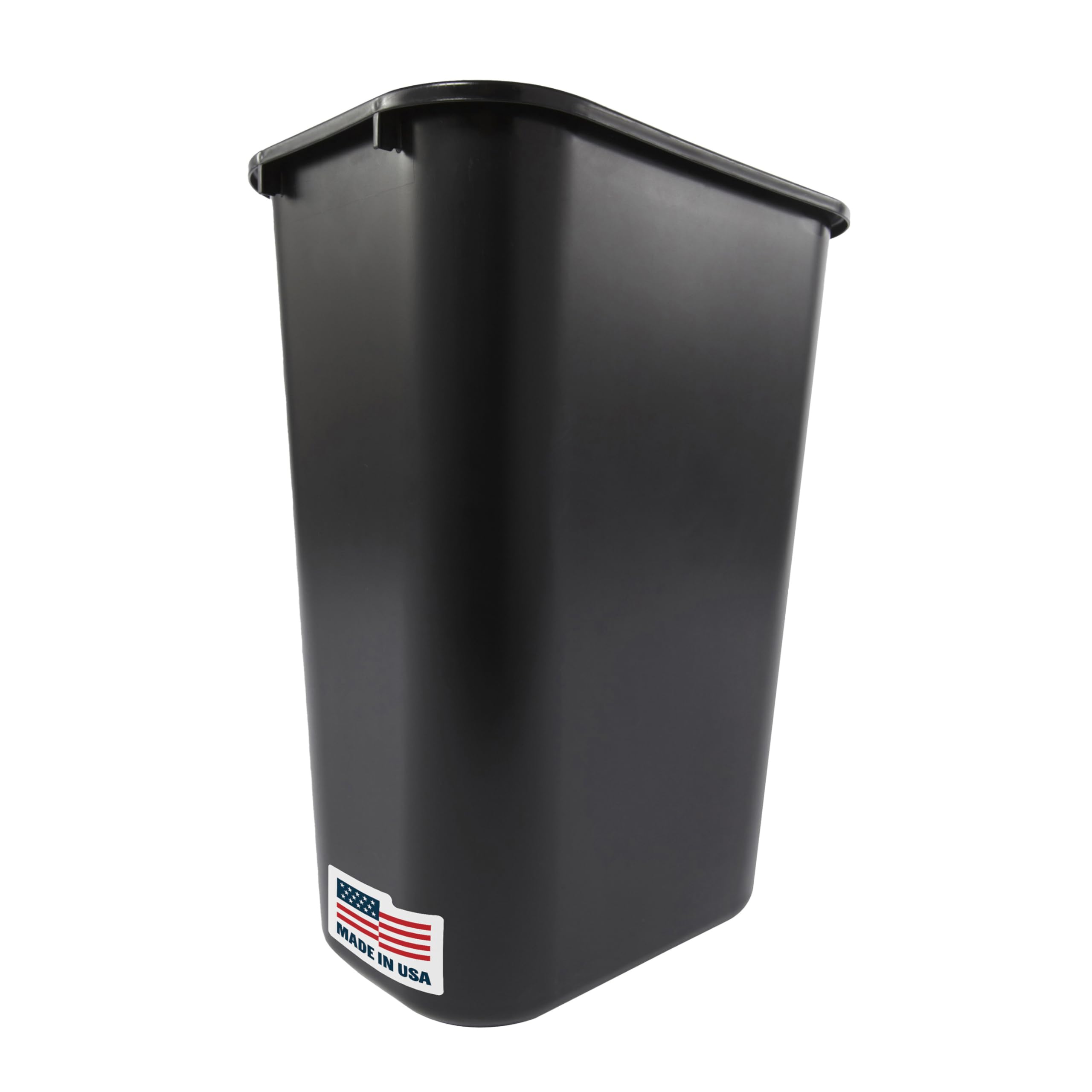 Rubbermaid Deskside wastebasket placed under a desk for space-saving organization