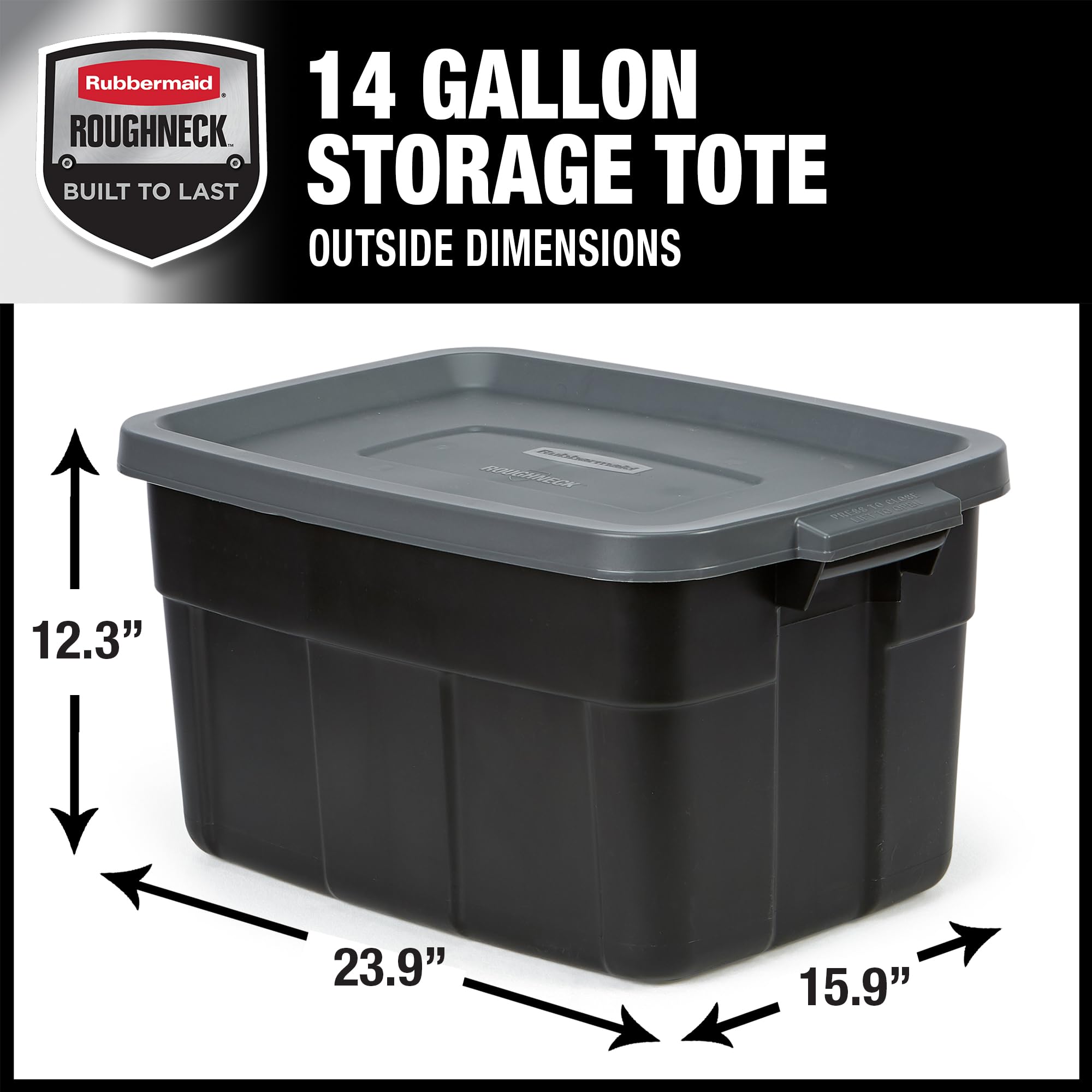 Rubbermaid heavy-duty 14-Gallon black tote, ready for secure tool storage.