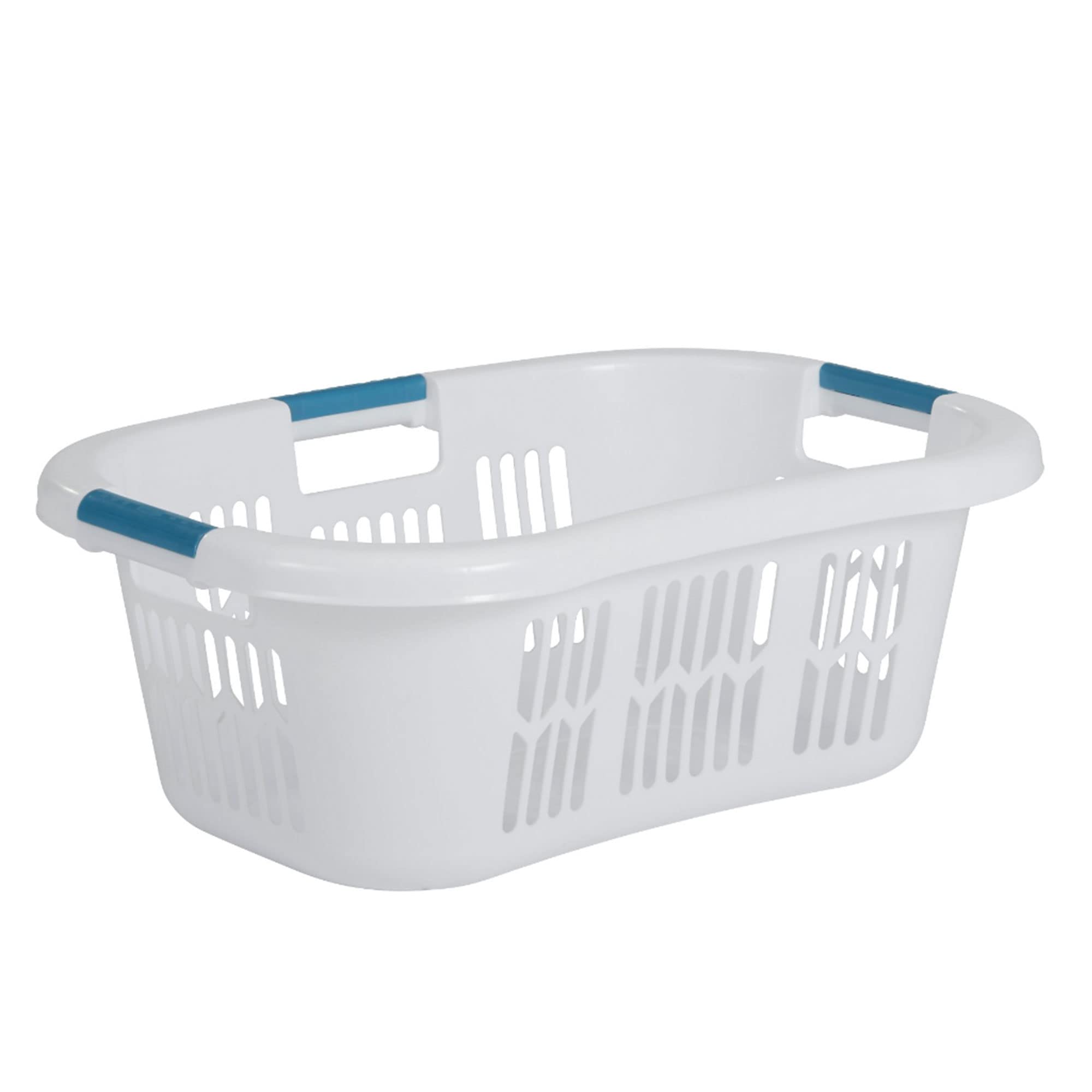 Rubbermaid Laundry Basket XL Hip-Hugger with blue handles for comfortable, hands-free transport