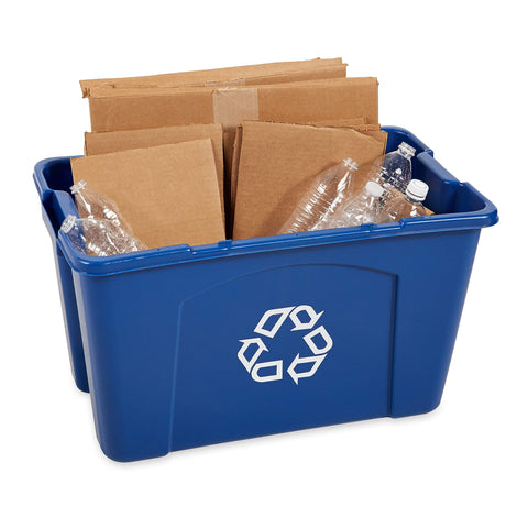 Recycling logo visibility on Rubbermaid blue bin promotes compliant sorting