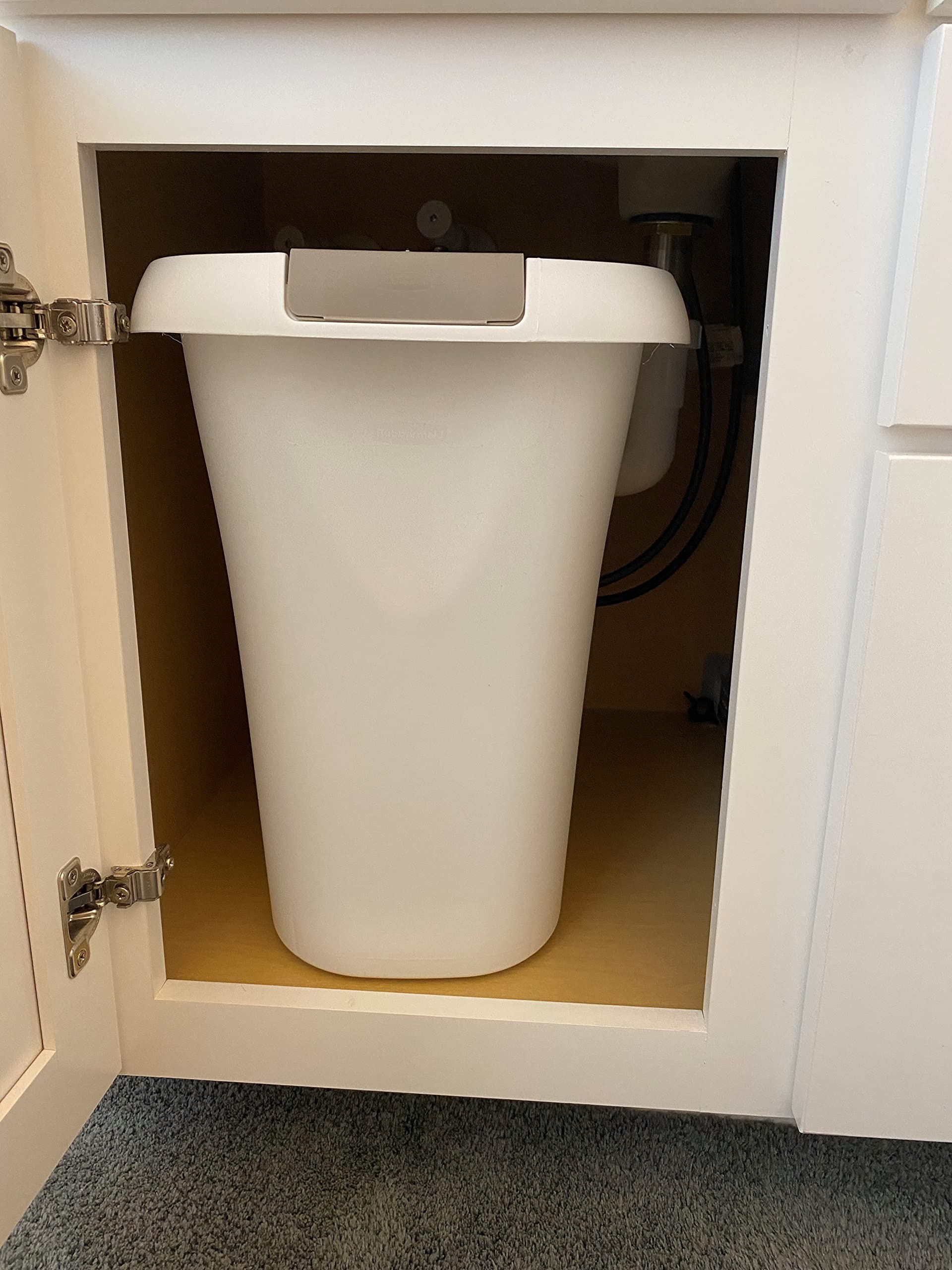 Rubbermaid open-top trash can white bathroom setup example