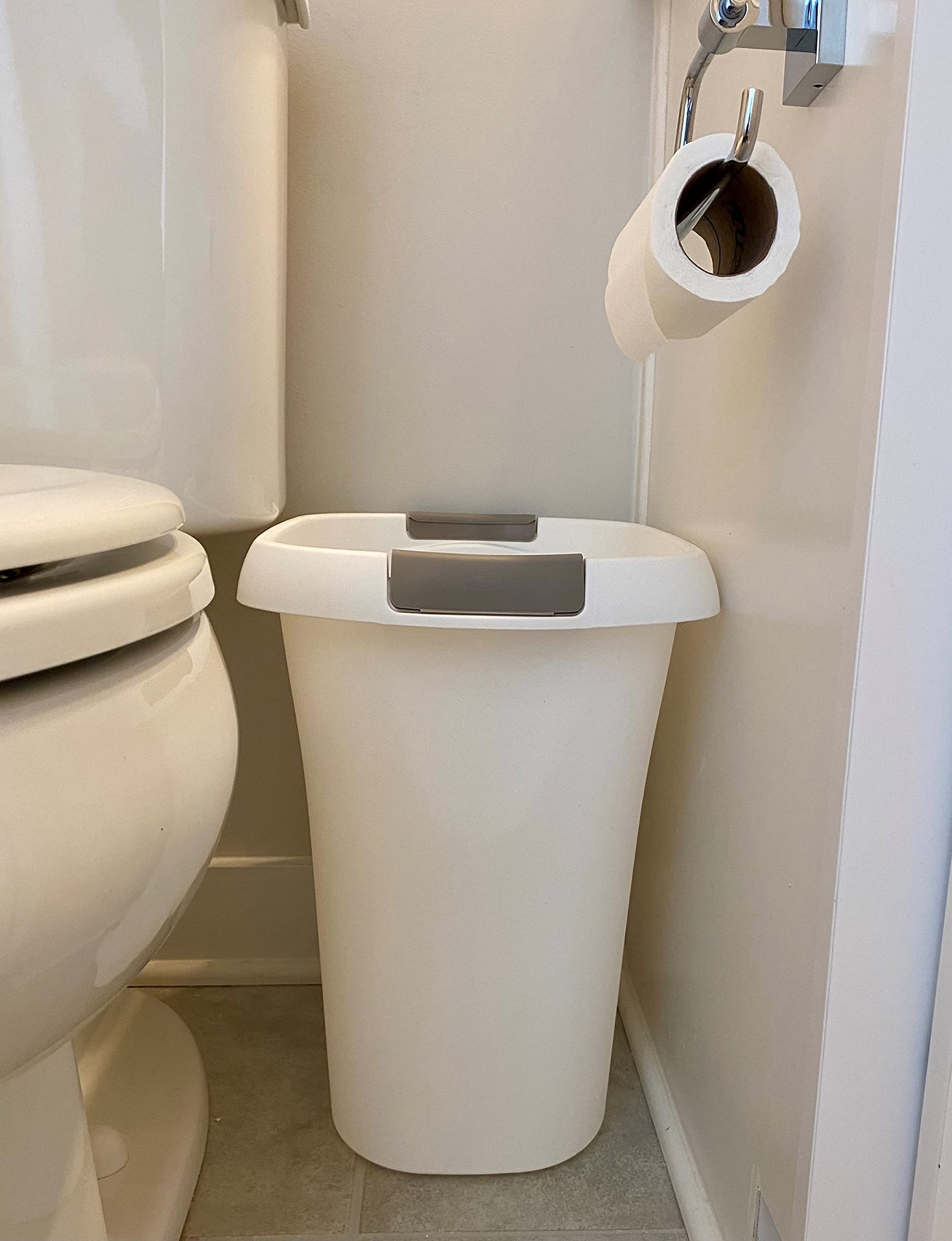 Rubbermaid open-top trash can white in kitchen usage scenario