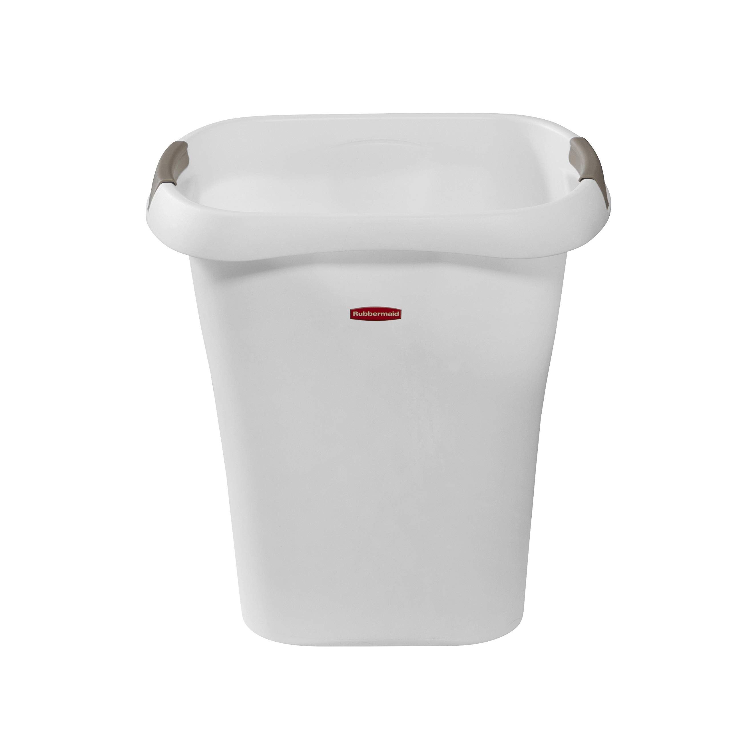 Rubbermaid open-top trash can white rim detail showing reinforced edge