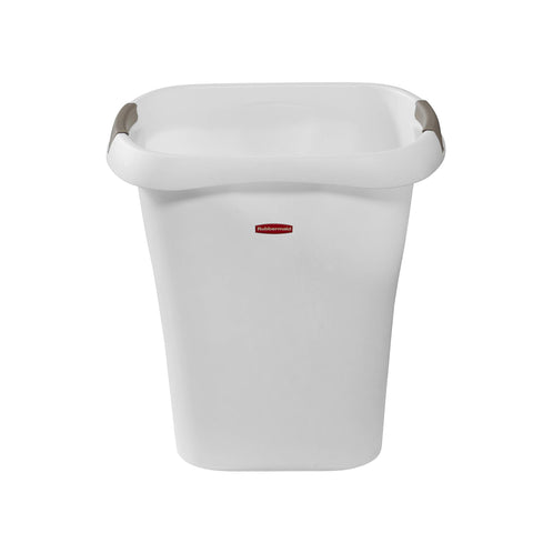 Rubbermaid open-top trash can white rim detail showing reinforced edge
